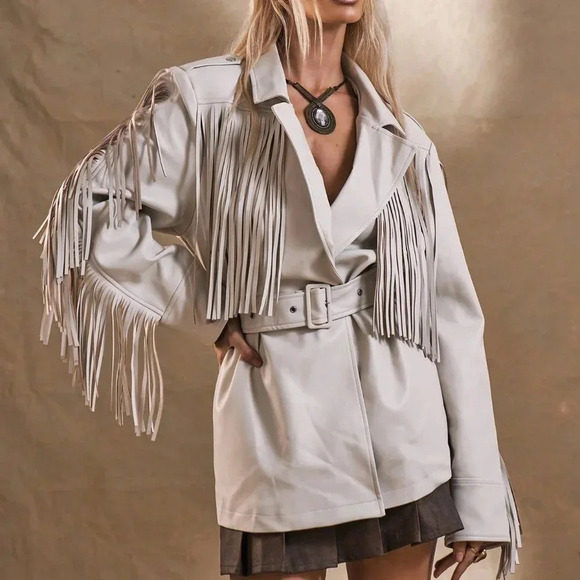 Jackets & Blazers - Beige Casual Women's Western Boho Fringe Woven Fabric Jacket